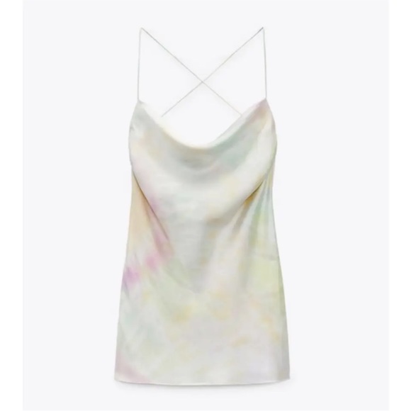 Zara Printed Watercolor Satin Tie Dye Mini Cowl Neck Dress Cream Pink XS NWT - Picture 7 of 16